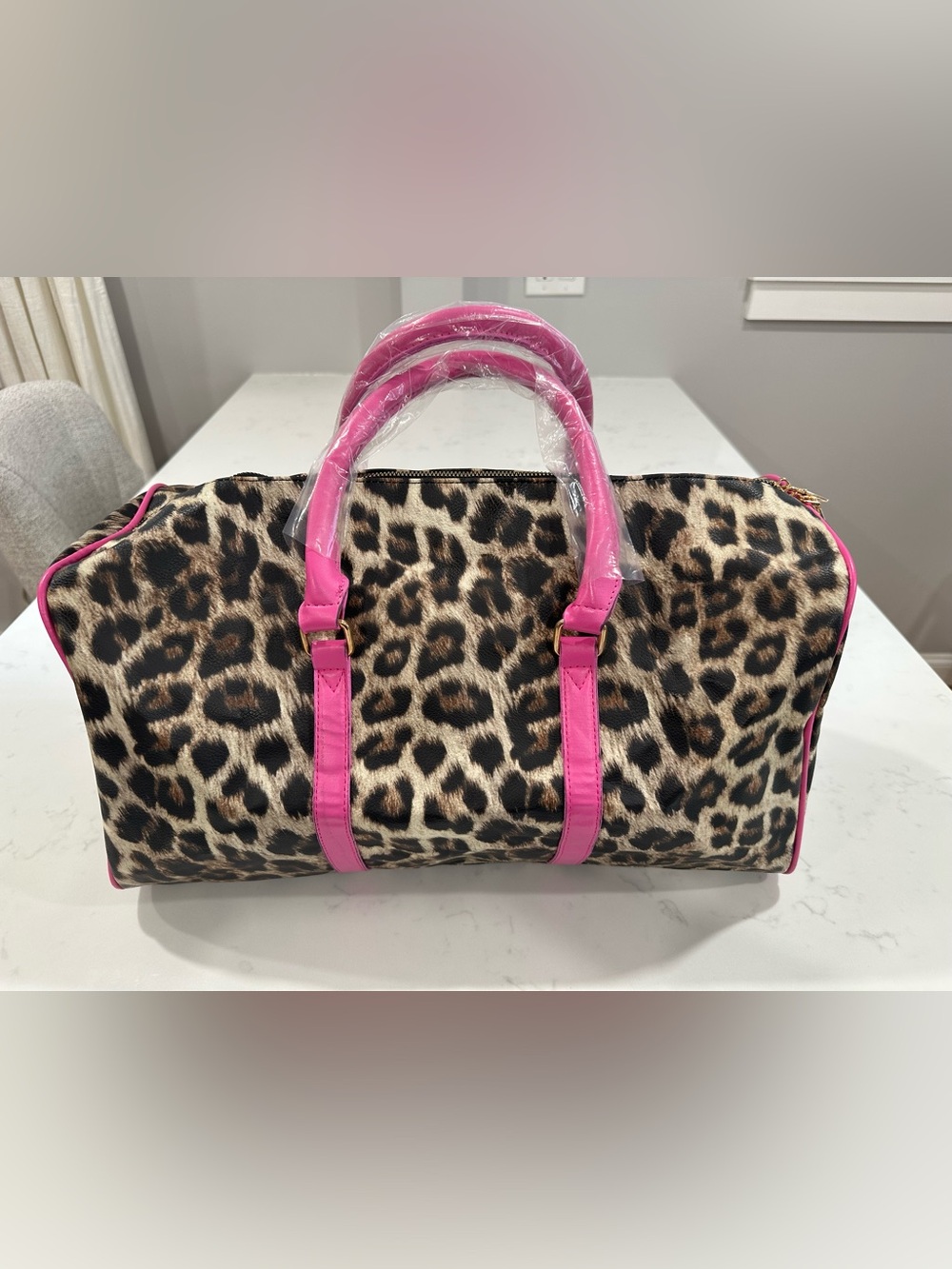 Leopard Print Travel Weekender with Pink Trim